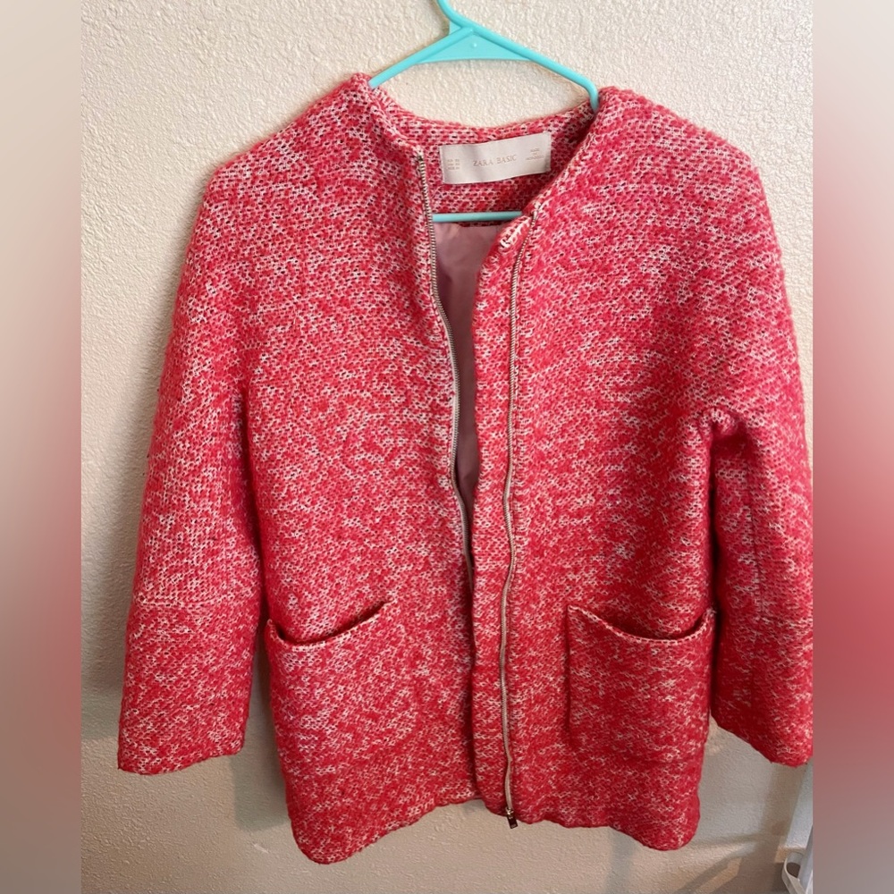 Zara Raspberry Pink & Cream Boulce Tweed Jacket - XS